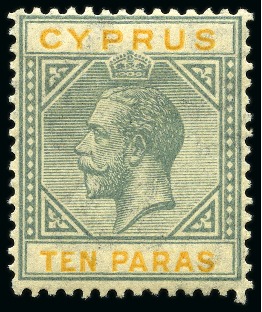 Stamp of Cyprus » King George V Issues 1921-23 Multi Script CA 10pa grey & yellow with BROKEN BOTTOM LEFT TRIANGLE variety, mint nh