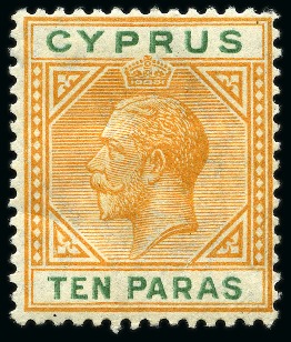 Stamp of Cyprus » King George V Issues 1921-23 Multi Script CA 10pa orange & green with BROKEN BOTTOM LEFT TRIANGLE variety, mint