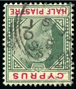 Stamp of Cyprus » King Edward VII Issues 1902-04 Wmk CA 1/2pi green & carmine with INVERTED WATERMARK, used