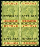 Stamp of Cyprus » King George V Issues 1921-23 Wmk Multi CA 10s and £1 with SPECIMEN overprints in reconstructed blocks of four