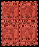 Stamp of Cyprus » King George V Issues 1921-23 Wmk Multi CA 10s and £1 with SPECIMEN overprints in reconstructed blocks of four