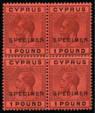 Stamp of Cyprus » King George V Issues 1921-23 Wmk Multi CA 10s and £1 with SPECIMEN overprints in reconstructed blocks of four