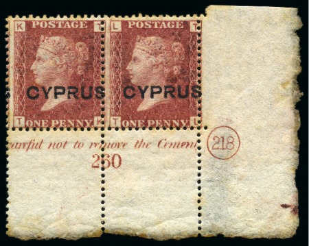 Stamp of Cyprus » Overprinted Stamps of Great Britain 1880 1d Red pl.218 in mint lower right corner marginal pair
