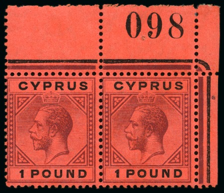 Stamp of Cyprus » King George V Issues 1921-23 Wmk Multi CA £1 purple & black on red mint nh top right corner marginal pair with sheet number "098"