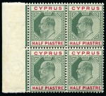 Stamp of Cyprus » King Edward VII Issues 1902-04 Wmk CA 1/2pi green & carmine with INVERTED WATERMARK in mint nh left marginal block of four