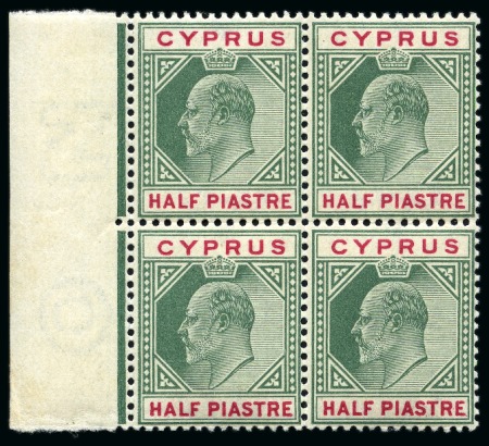Stamp of Cyprus » King Edward VII Issues 1902-04 Wmk CA 1/2pi green & carmine with INVERTED WATERMARK in mint nh left marginal block of four
