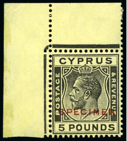 Stamp of Cyprus » King George V Issues 1924-28 Wmk Multi CA £5 black on yellow with SPECIMEN overprint in mint top left corner marginal single