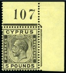 Stamp of Cyprus » King George V Issues 1924-28 Wmk Multi CA £5 black on yellow in mint top right corner marginal single with sheet number "107"