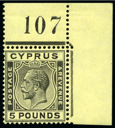 Stamp of Cyprus » King George V Issues 1924-28 Wmk Multi CA £5 black on yellow in mint top right corner marginal single with sheet number "107"