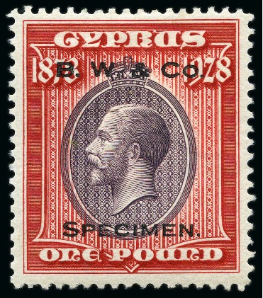 Stamp of Cyprus » King George V Issues 1928 50th Anniversary of British Rule set of 10 perforated printer's samples in unissued colours with "B. W. & Co. / SPECIMEN." hs