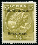 Stamp of Cyprus » King George V Issues 1928 50th Anniversary of British Rule set of 10 perforated printer's samples in unissued colours with "B. W. & Co. / SPECIMEN." hs