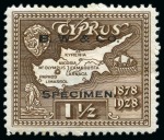 Stamp of Cyprus » King George V Issues 1928 50th Anniversary of British Rule set of 10 perforated printer's samples in unissued colours with "B. W. & Co. / SPECIMEN." hs