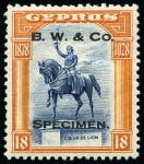 Stamp of Cyprus » King George V Issues 1928 50th Anniversary of British Rule set of 10 perforated printer's samples in unissued colours with "B. W. & Co. / SPECIMEN." hs