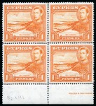 Stamp of Cyprus » King George VI Issues Onwards 1938-51 Pictorials 1pi orange perf.13 1/2 x 12 1/2 mint nh lower marginal block of four with partial printer's imprint