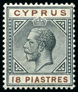 Stamp of Cyprus » King George V Issues 1912-15 Wmk Multi CA 18pi black & brown mint with BROKEN BOTTOM LEFT TRIANGLE variety