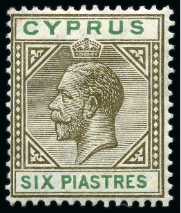 Stamp of Cyprus » King George V Issues 1912-15 Wmk Multi CA 6pi sepia & green mint with BROKEN BOTTOM LEFT TRIANGLE variety