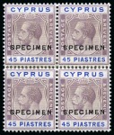 Stamp of Cyprus » King George V Issues 1924-28 Wmk Multi CA & Script CA set of 21 to £1 with SPECIMEN overprint in reconstructed blocks of four