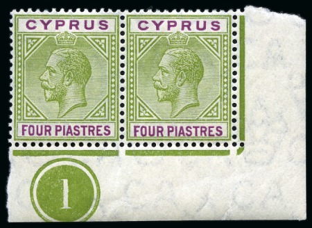 Stamp of Cyprus » King George V Issues 1912-15 Wmk Multi CA 4pi in mint nh lower right corner marginal plate pair with right stamp showing BROKEN BOTTOM LEFT TRIANGLE variety