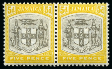 Stamp of Jamaica 1903-04 Wmk CA 1/2d to 5d set in mint pairs with one stamp showing the "SER.ET" for "SERVIET" variety
