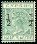Stamp of Cyprus » Queen Victoria Keyplate Issues 1882-86 Mint/unused group incl. 1882 wmk CA 1/2 on 1/2pi (3, one with "spur on 1" variety) and three 1886 Wmk CA 1/2 on 1/2pi (fractions 6mm apart)