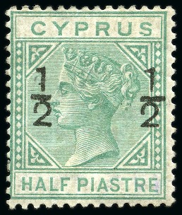 Stamp of Cyprus » Queen Victoria Keyplate Issues 1882-86 Mint/unused group incl. 1882 wmk CA 1/2 on 1/2pi (3, one with "spur on 1" variety) and three 1886 Wmk CA 1/2 on 1/2pi (fractions 6mm apart)