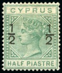 Stamp of Cyprus » Queen Victoria Keyplate Issues 1882-86 Mint/unused group incl. 1882 wmk CA 1/2 on 1/2pi (3, one with "spur on 1" variety) and three 1886 Wmk CA 1/2 on 1/2pi (fractions 6mm apart)
