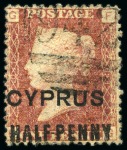 Stamp of Cyprus » Overprinted Stamps of Great Britain 1881 1/2d on 1d (16mm surcharge) pl.201 group with 1 mint, 1 unused and 2 used, fine (SG £580)