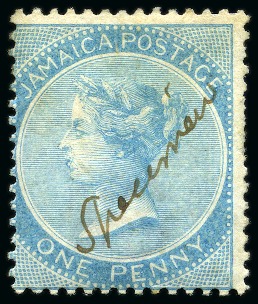 Stamp of Jamaica 1860-70 1d, 3d and 1s with manuscript "Specimen"