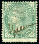 Stamp of Jamaica 1860-70 1d, 3d and 1s with manuscript "Specimen"