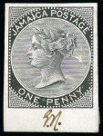 Stamp of Jamaica 1870-83/1883-97 1d to 1s die proof group in black on glazed card (7)