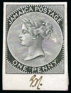 Stamp of Jamaica 1870-83/1883-97 1d to 1s die proof group in black on glazed card (7)