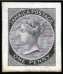 Stamp of Jamaica 1870-83/1883-97 1d to 1s die proof group in black on glazed card (7)