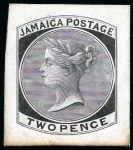 Stamp of Jamaica 1870-83/1883-97 1d to 1s die proof group in black on glazed card (7)