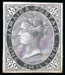 Stamp of Jamaica 1870-83/1883-97 1d to 1s die proof group in black on glazed card (7)