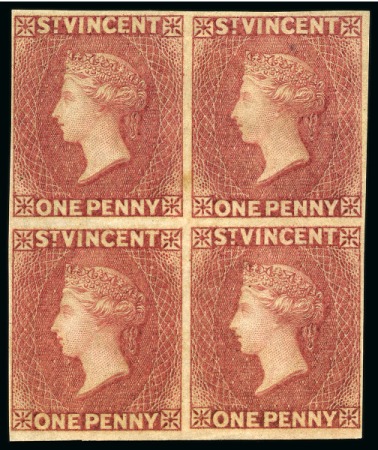 Stamp of St. Vincent Plate Proofs 1d. in deep rose-red block of four on four