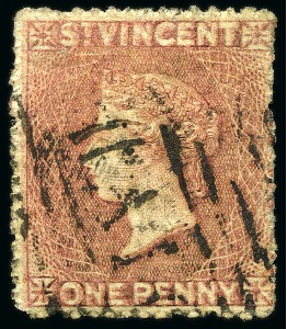 Stamp of St. Vincent 1861 1d. rose-red, clearly showing variety double impression, cancelled "A10"