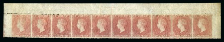 Stamp of St. Vincent 1861 1d. rose-red, mint complete top sheet marginal horizontal strip of 10, all showing variety imperforate vertically