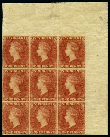 Stamp of St. Vincent 1861 1d. rose-red, an upper right corner block of nine, variety imperforate