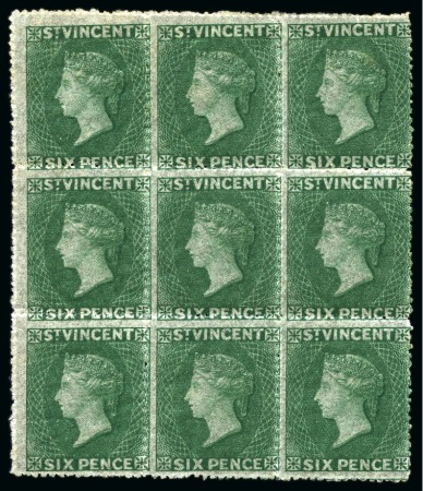 Stamp of St. Vincent 1862 6d. deep green block of nine unused with large part to full original gum