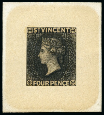 Stamp of St. Vincent 1862-68 Die Proofs 4d. in black on India paper, affixed to card
