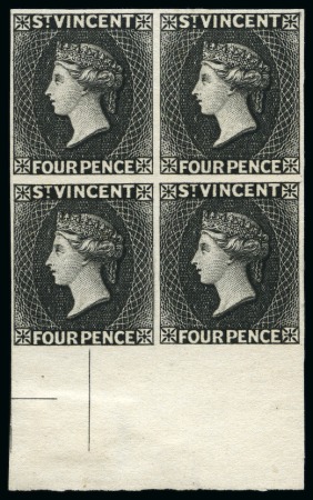 Stamp of St. Vincent 1862-68 Plate Proofs 4d. in black on wove paper, an imperforate block of four
