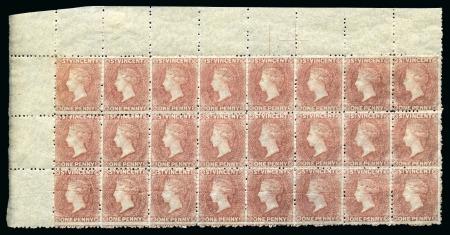 Stamp of St. Vincent 1862-68 1d. pale rose-red, a top left corner sheet marginal block of twenty-four, unused with large part to full original gum