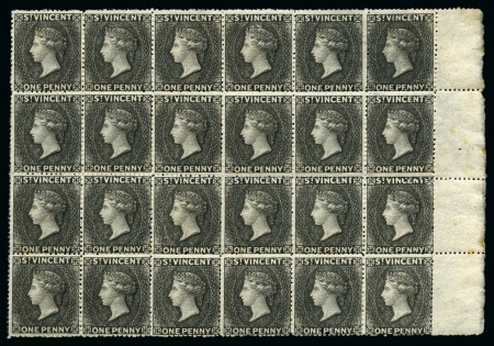 Stamp of St. Vincent 1d. black, left sheet marginal block of twenty-four, unused with part to full original gum