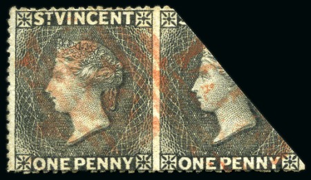 Stamp of St. Vincent THE ONLY RECORDED EXAMPLE: 1d. black horizontal pair, variety imperforate between, lightly cancelled by "A10" canceler in red, the right stamp cut as a bisect