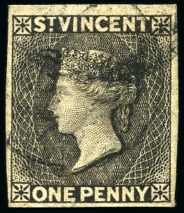 Stamp of St. Vincent 1872-75 1d. black with watermark upright, variety imperforate, lightly cancelled in black