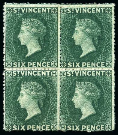 Stamp of St. Vincent THE UNIQUE BLOCK OF FOUR: 1872-75 6d. deep blue-green block of four unused with part to large part original gum