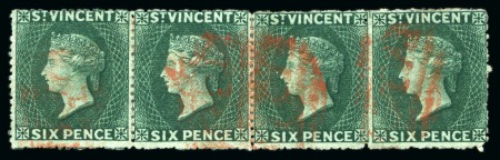 Stamp of St. Vincent 1872-75 6d. deep blue-green, a very fine horizontal strip of four cancelled "A10"