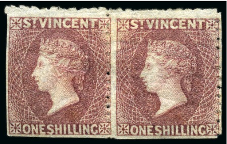 Stamp of St. Vincent ONE OF ONLY TWO PAIRS RECORDED: 1875 1s claret, a horizontal pair unused with part original gum