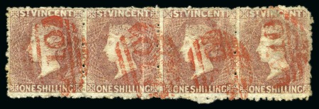 Stamp of St. Vincent THE LARGEST RECORDED USED MULTIPLE: 1875 1s claret, a horizontal strip of four, each cancelled "A10" in red