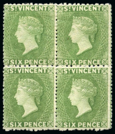 Stamp of St. Vincent ONE OF THE THREE RECORDED BLOCKS: 1875-77 6d. pale green, a block of four unused with part to large part original gum